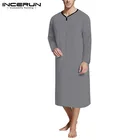INCERUN мужское платье с карманами, ночная рубашка, осенняя домашняя рубашка, Мужская одежда для сна, халат с длинным рукавом и v-образным вырезом, удобная Пижама, халат 5XL 7