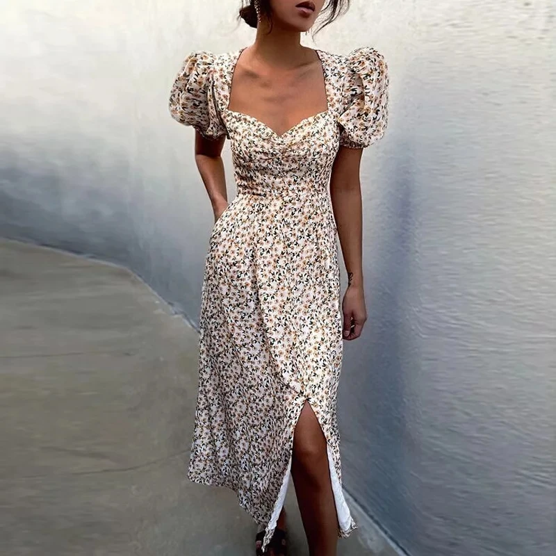 

Floral Print Sexy Split Long Dress For Women 2021 Summer Elegant Puff Short Sleeve V-neck Female Casual Boho Party Dresses Robe