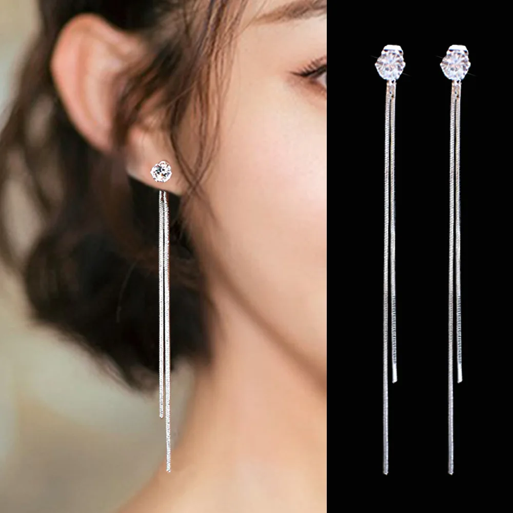 

Fashionable Diamond-encrusted Long Tassel Earrings with Personalized Geometry Simple Zircon Earrings Korean Wedding PartyJewelry