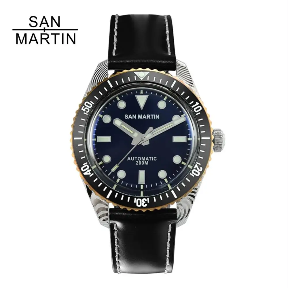 Мужские автоматические роскошные часы San Martin из дамасской стали с ремешком на