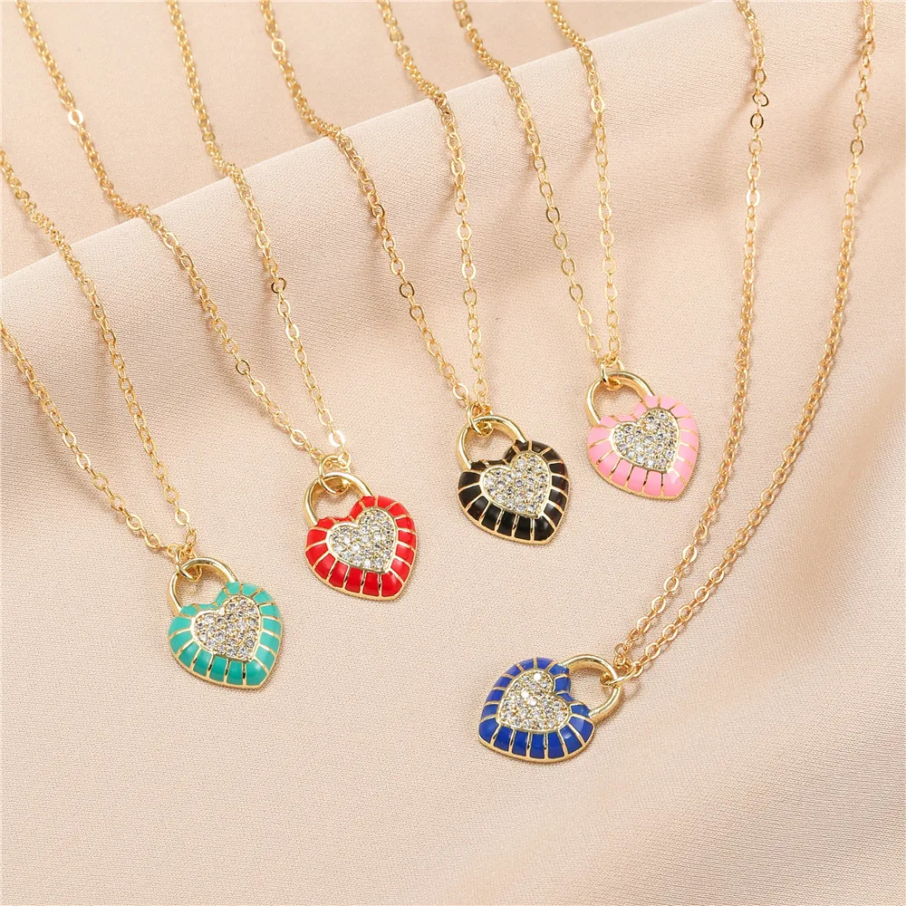 

Cubic Zircon Heart Lock Necklace French Metal Love Clavicle Chain Korean Simple Female Short Pendanklace Pendant for Women