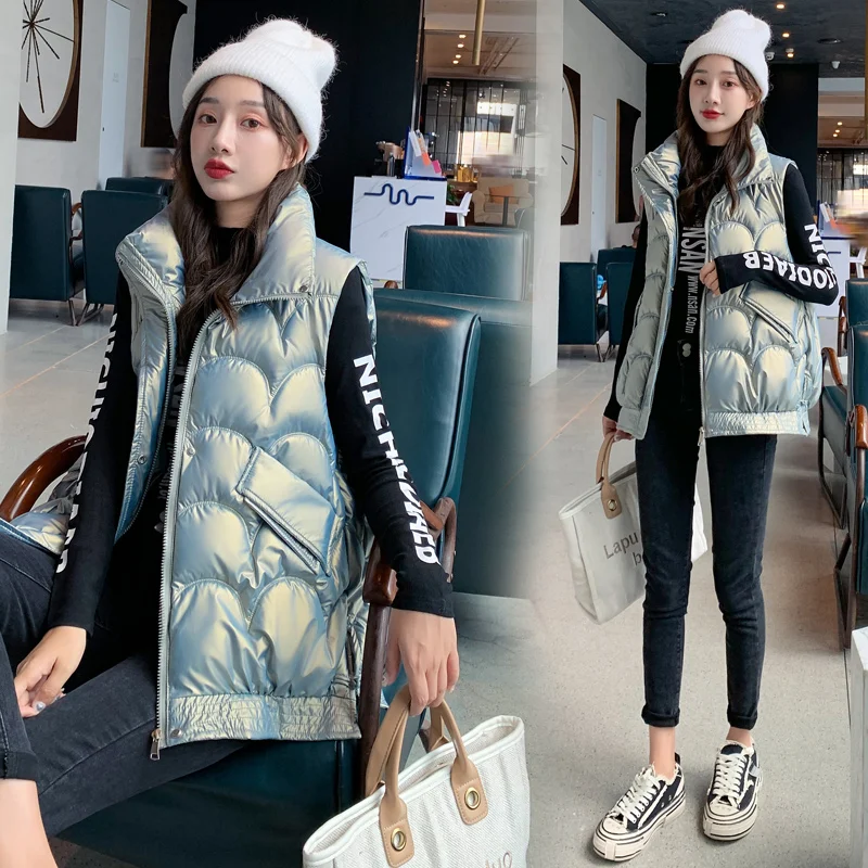 

Autumn Women's Winter Coats Fashion Glossy Stand Collar Parkas Winter Vest Jacket Women Shinny Padded Cotton Coat Waistcoat