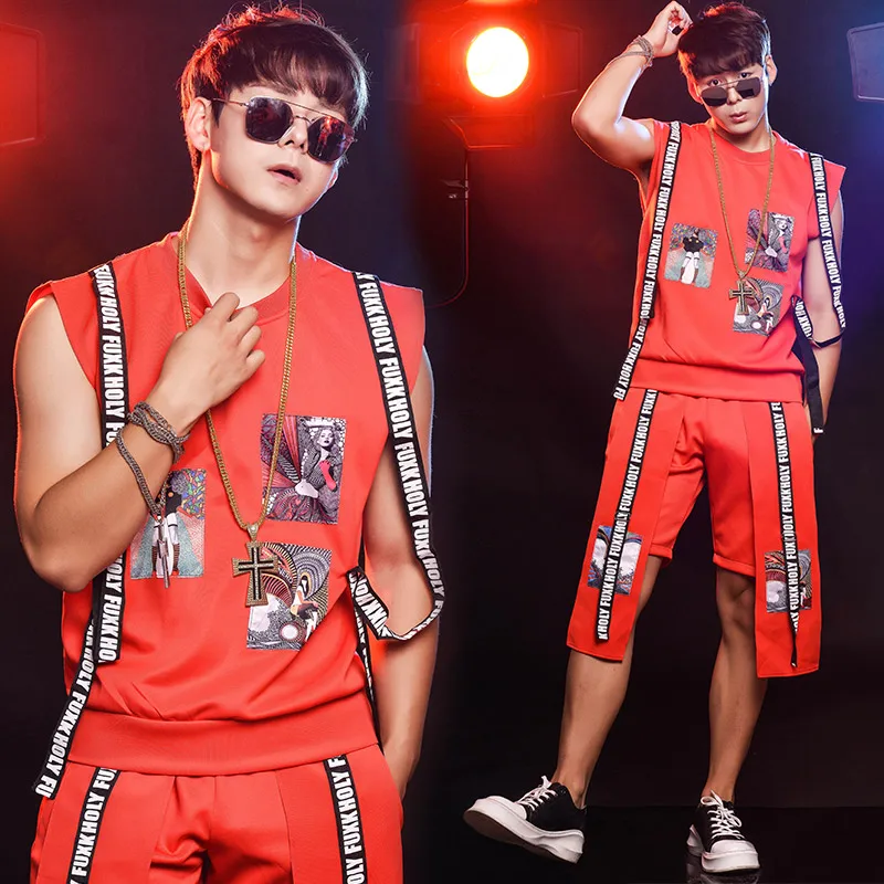 Новый мужской костюм для ночного клуба красный комплект Топ + брюки бара диджея