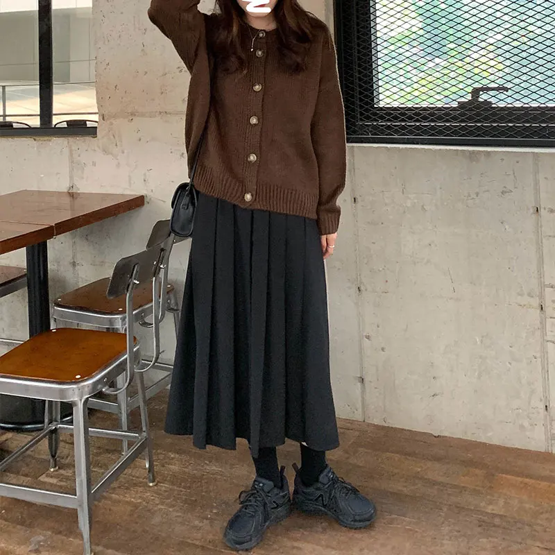3 colors SML autumn winter Women Long pleated Skirt vintage midi skirt solid color High Waist long Skirts womens (X263) | Женская одежда