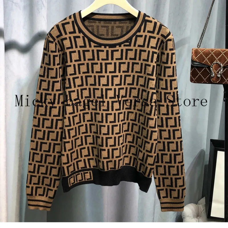 

luxury design letter printing fashion women's top temperament round neck versatile color matching knitted long sleeve Pullover