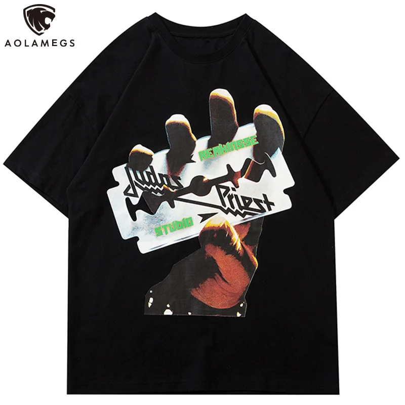 

Aolamegs Hip Hop T Shirt Men Hand Punk Cool Printed Oversize Men's Tee Shirts O-Neck Vintage High Street Style Streetwear Summer