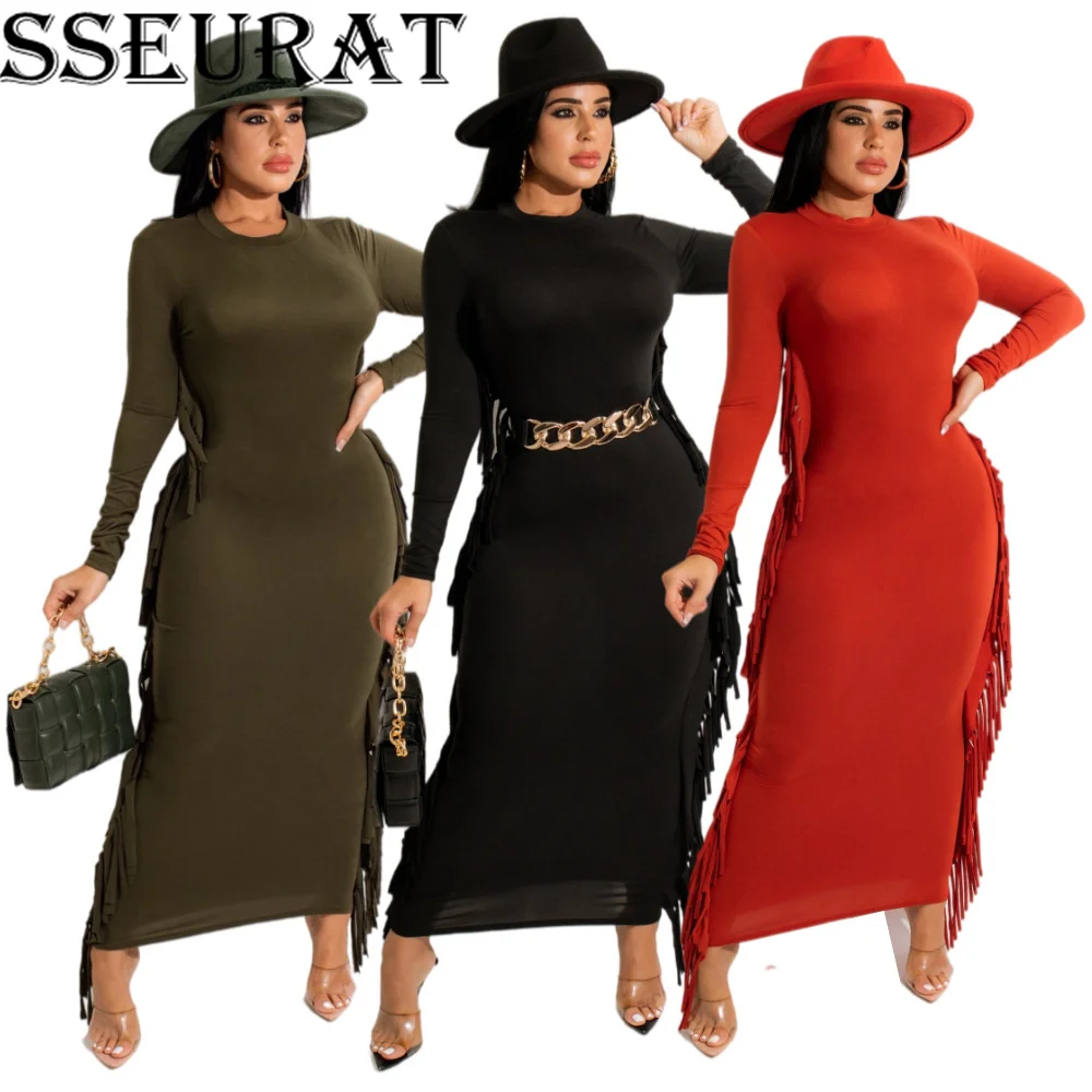 

SSEURAT Sexy Club Tassel Long Sleeve Bodycon Dress Winter Women Elegant Fashion Maxi Dress