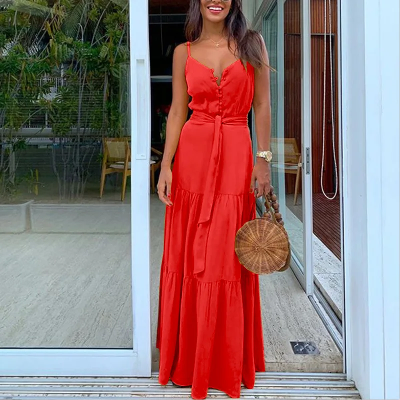 

Summer Green Tunic Maxi Dress V Neck Robe Femme Belt Elegant Ruffles Party Long Dresses Spaghetti Strap Casual Vestidos Mujer
