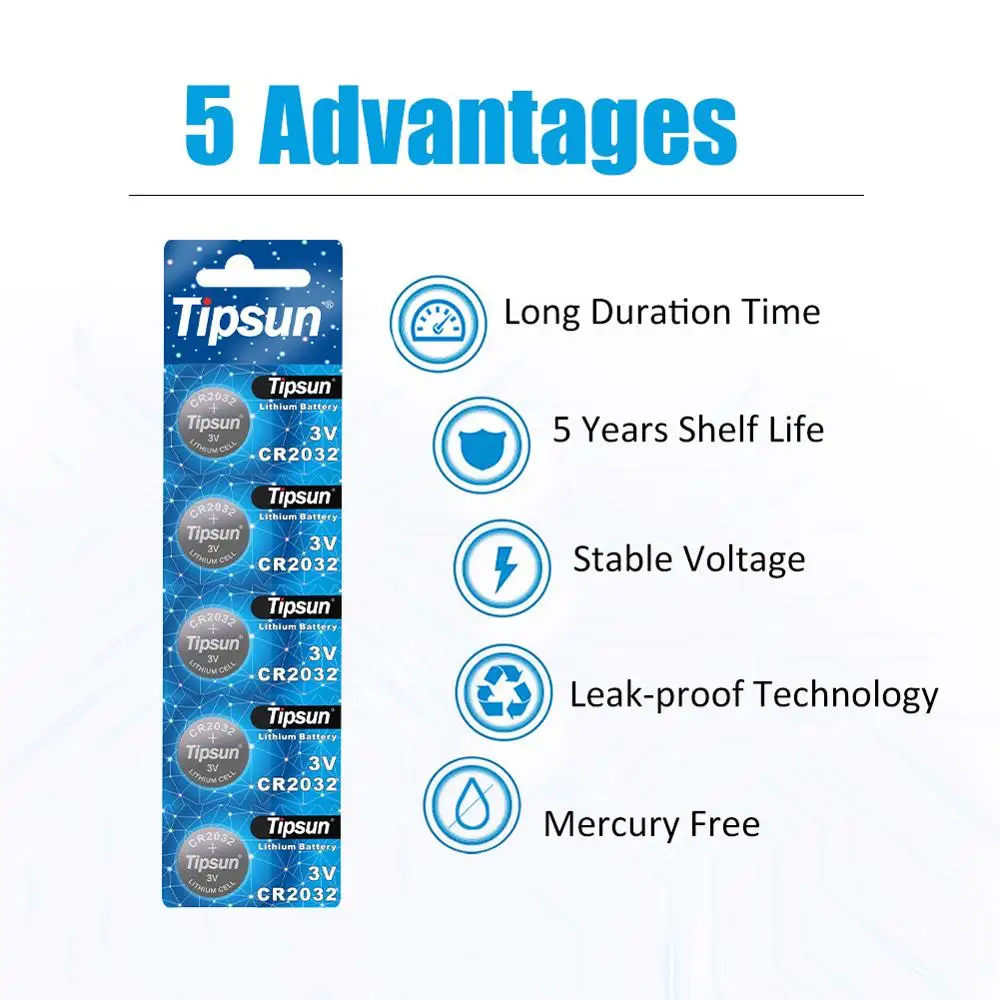 

Tipsun CR2032 Lithium Button Cell Battery 3V 5pcs