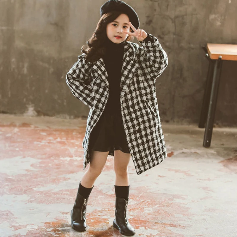 Детский плащ для девочек пальто малышей детская куртка Клетчатая Шерстяная