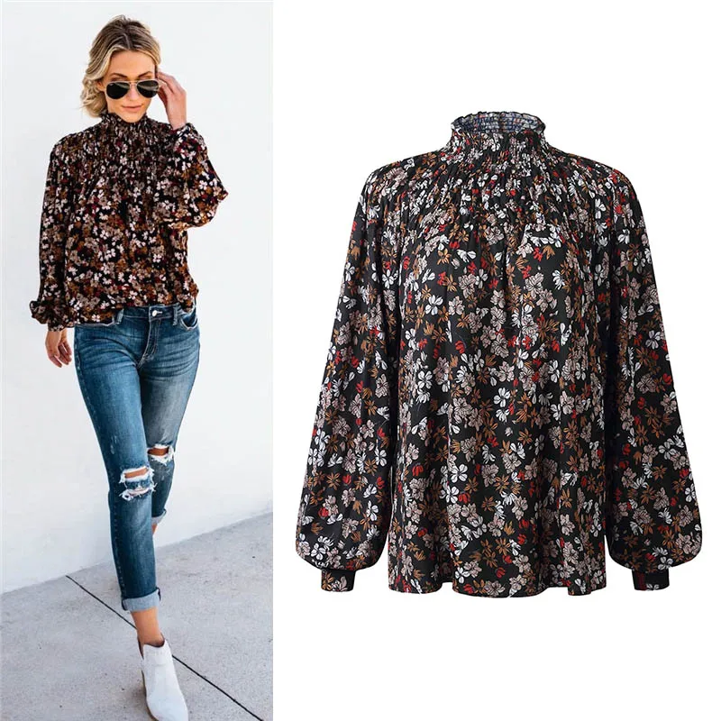Модный с цветком с пышными рукавами блузки для женщин Boho шифоновая блузка офисные женские шорты с цветочным принтом Женская туника блуза-рубашка - Цвет: Flower A