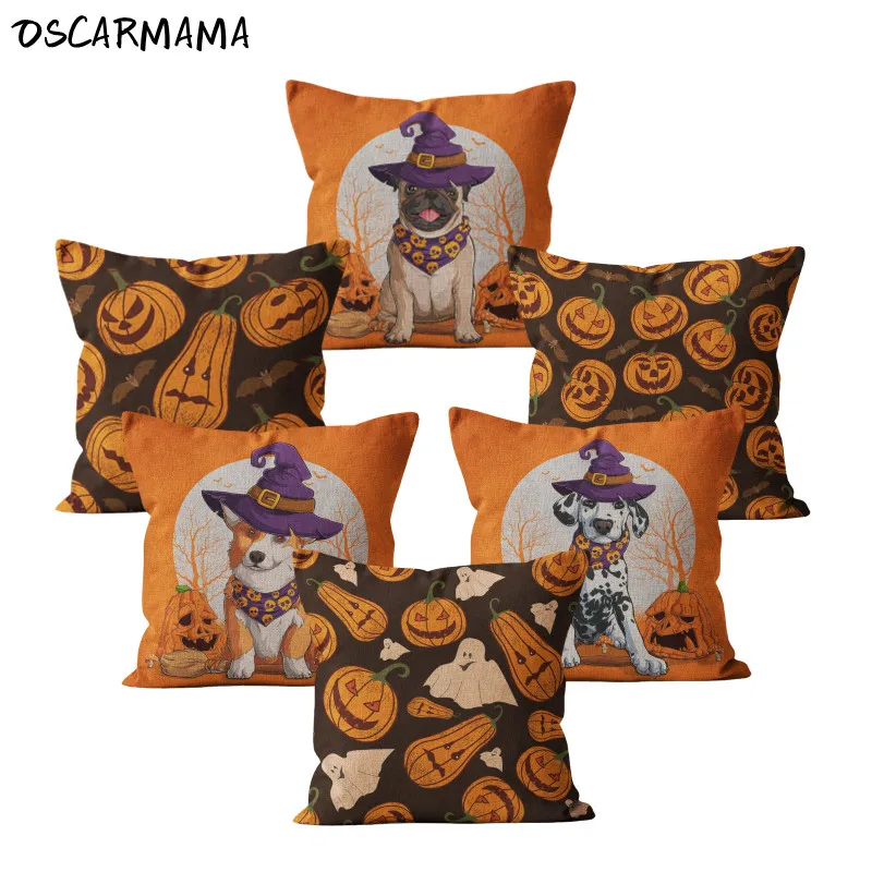 

Merry Happy Halloween Trick Or Treat Corgi Bulldog French Festival Decor Home Cute Animal Dog Orange Cushion Cover Pillow Case