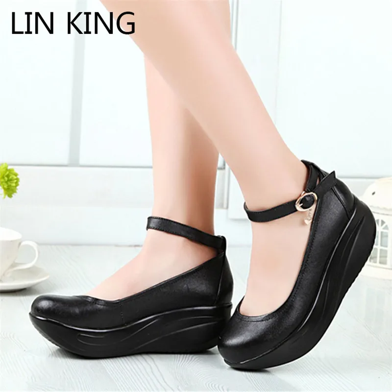 LIN KING/Женская обувь для танцев Сезон весна осень Черные кожаные туфли на танкетке