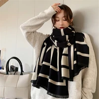 visrover black white stripe winter scarf for women fashion female shawl cashmere handfeeling winter wrap warm autumn hijab gift