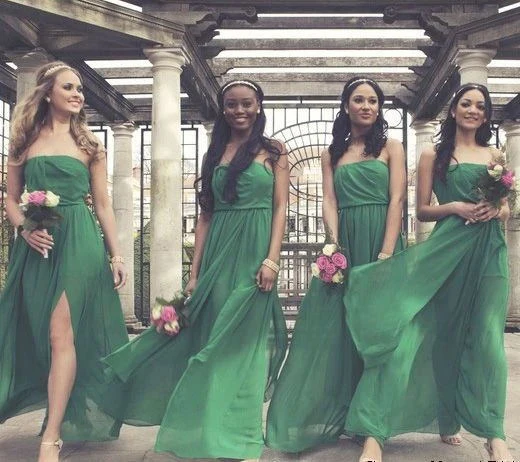 

Green Chiffon Strapless Bridesmaid Dress 2021 A Line High Split Front Corset Back Wedding Guest Bridal Party Gowns