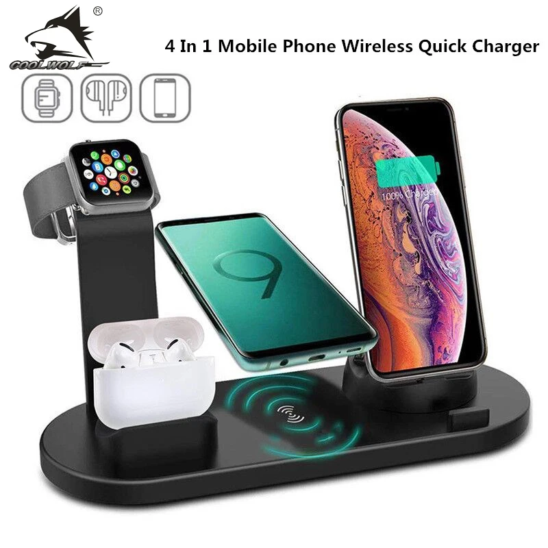 Беспроводная зарядная подставка COOLWOLF 4 в 1 для Apple Watch 6 5 3 iPhone13 12 11 XS XR 8 Airpods Pro 15 Вт