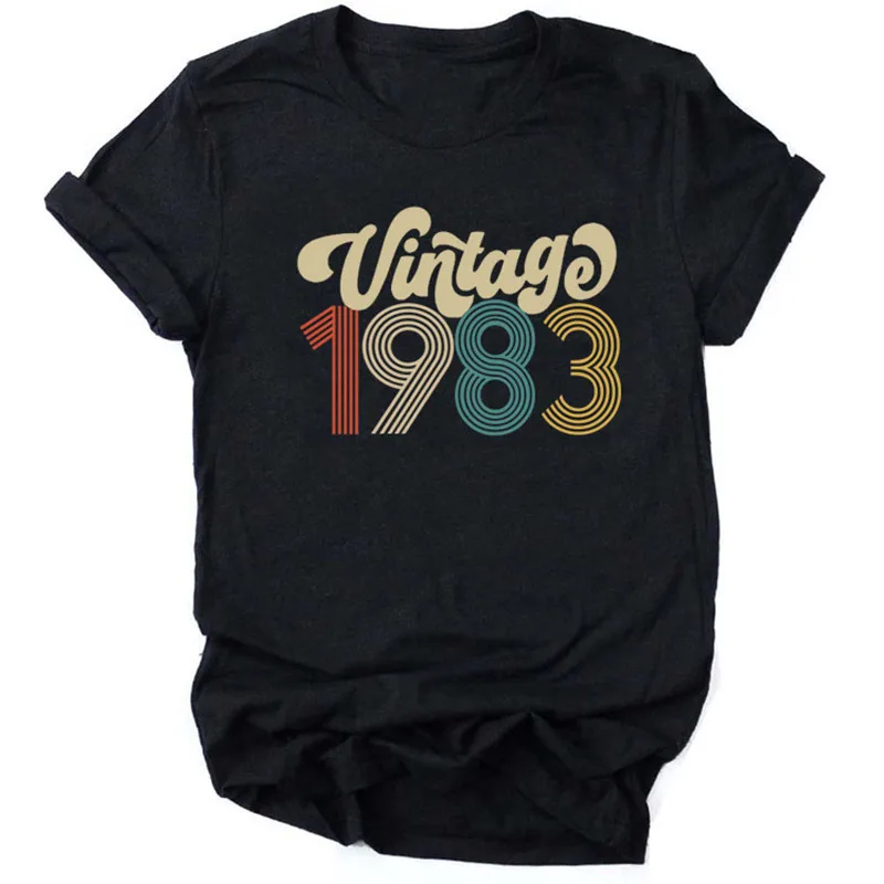 

Women Vintage 1983 Birthday Gift Short Sleeve Top Floral Soft Crew Neck Hipster Tee Ladies Letters Summer Funny Slogan T-Shirt