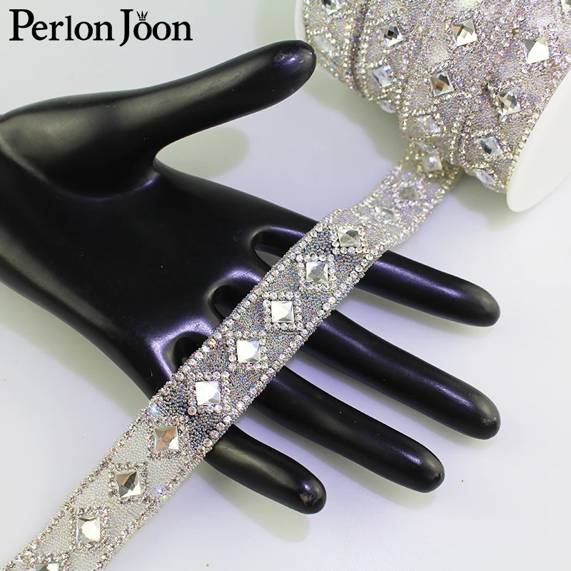1 yard Gold silver retro rhinestone hot fix tape ribbon crystal rhinestone decoration iron on shoes clothing accessories TR024