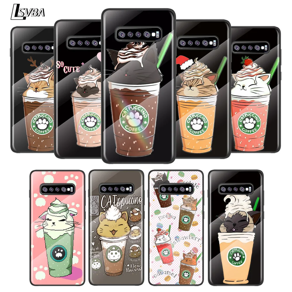 

Cute Cat With Coffee For Samsung Galaxy S21 Ultra Plus 5G M51 M31 M21 Tempered Glass Cover Shell Luxury Phone Case