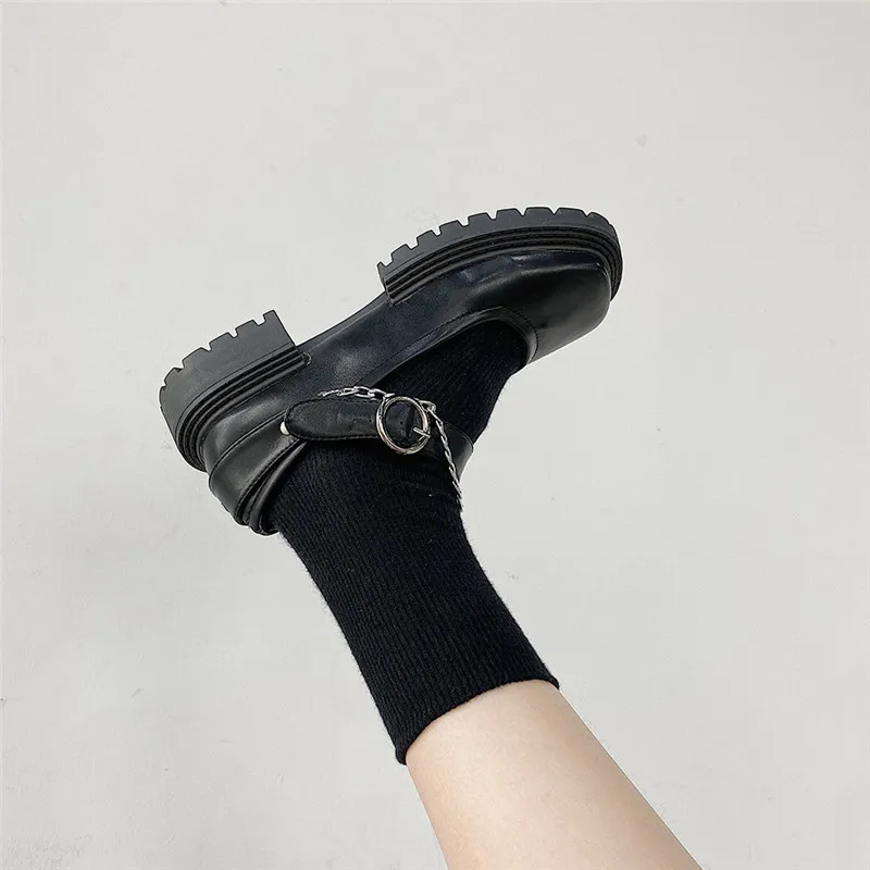 Women's y2k Gothic Punk Chain Shoes Chunky Platform Wedges Square Toe Motorcycle Shoes Fashion Designer Black Leather Flats 2022