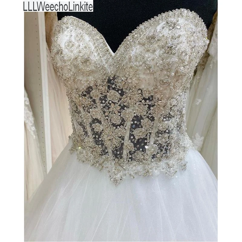 

White Lace Beading Tulle Princess A-Line Wedding Dresses Floor-Length Sweetheart Sleeveless Bridal Gowns Custom Made