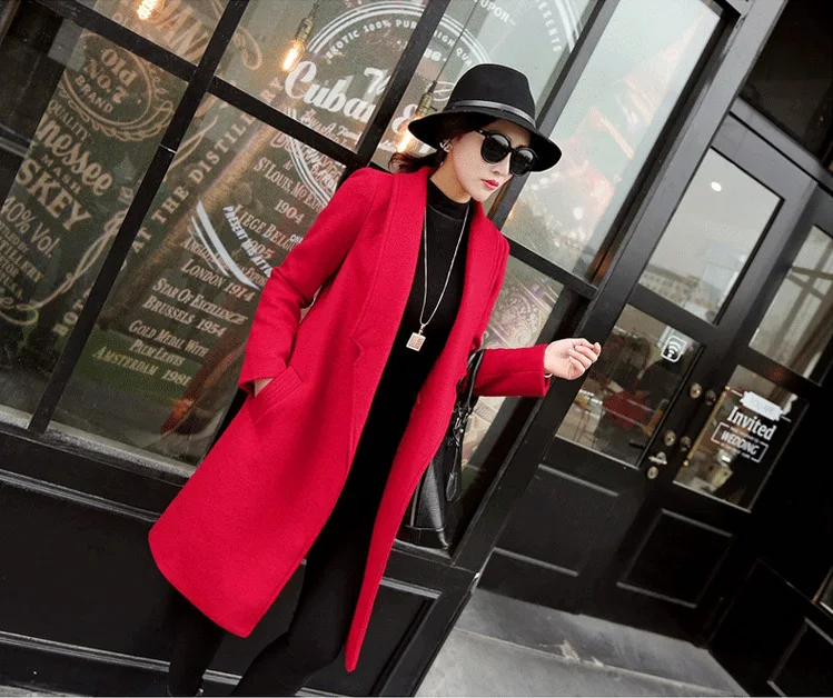 

JCHB 2021 Office Lady Long Women Fashion Wool Coat Open Stitch Wide-saisted Winter Jacket Turn-down Collar Cashmere Coat