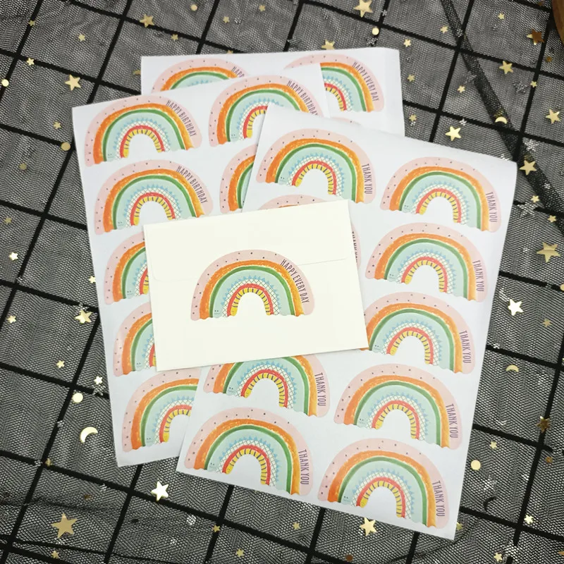 

Rainbow Stickers"Happy Birthday""Thank You"Baking DIY Cookie Bags Seal Labels"Happy Every Day"Paper Sticker Gift Decoration