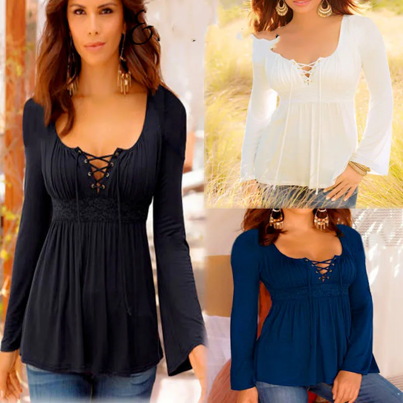 

Fashion Womens Shirts Tops Solid Color Long Sleeve Loose Blouse Sexy V-Neck Lace Up Bandage Hollow Casual Shirt Autumn Tops 2019