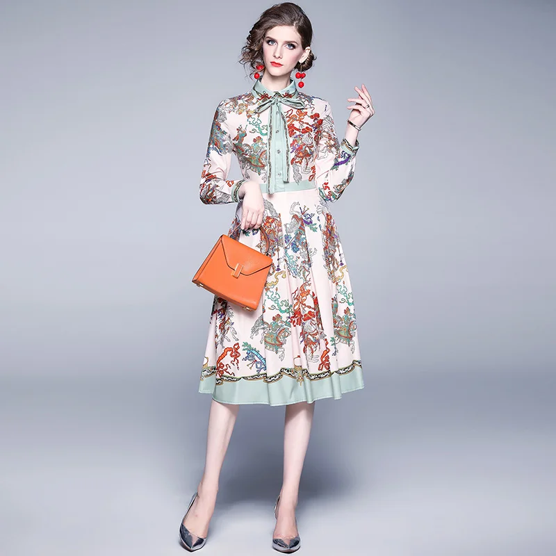 2020 осень взлетно посадочной Цветочный принт с завышенной талией поясом