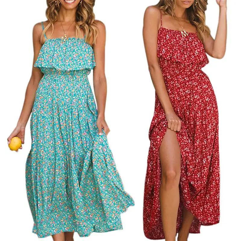 

Summer Beach Midi Dress Women Floral Print Long Dress Ruffles Strapless Sexy Strap Dress For Dinner Beach Dresses For Women 2021