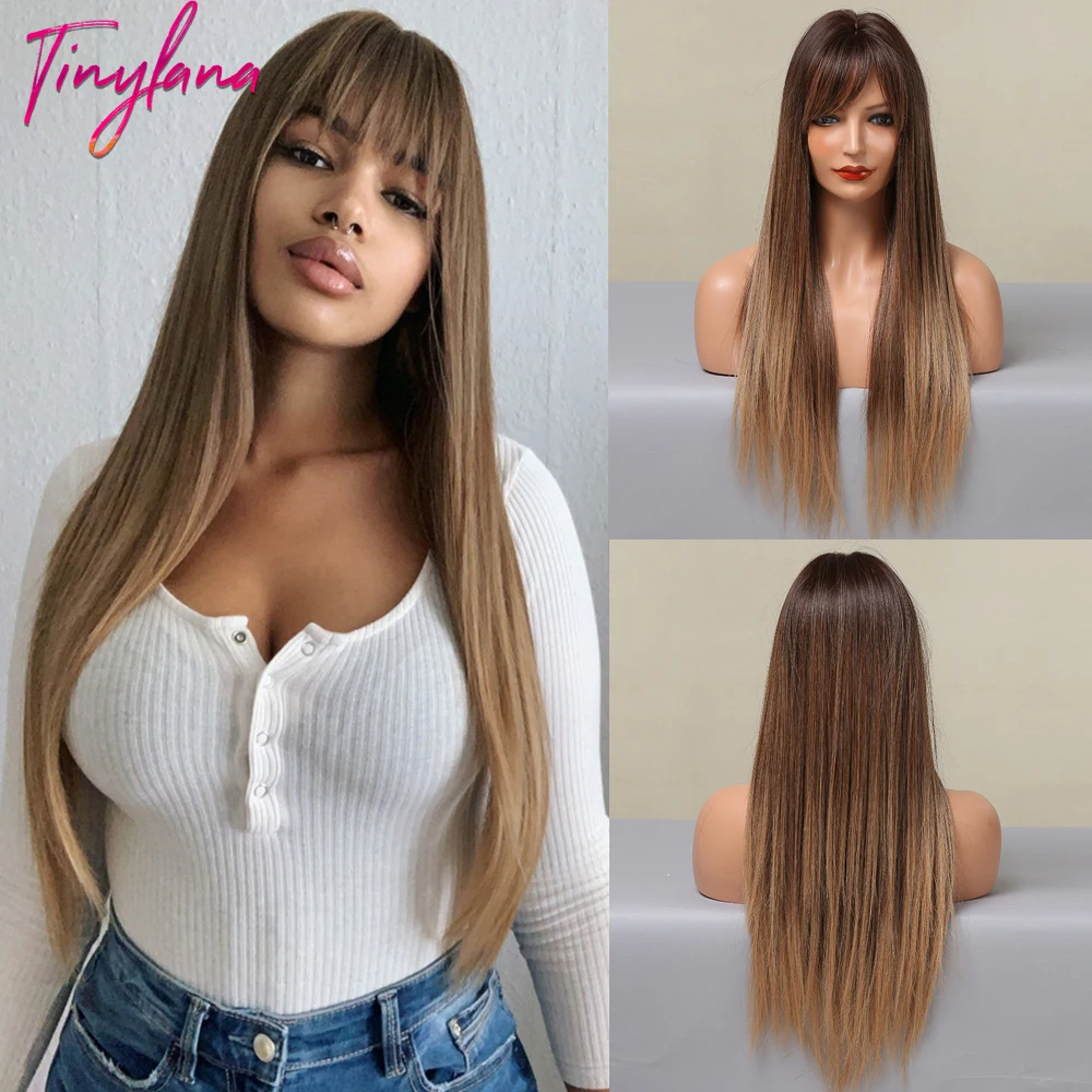 TINY LANA Synthetic Long Straight Wigs with Bangs Brown Blonde Wigs For Women Natural Heat Resistant Ombre Black Golden Hair