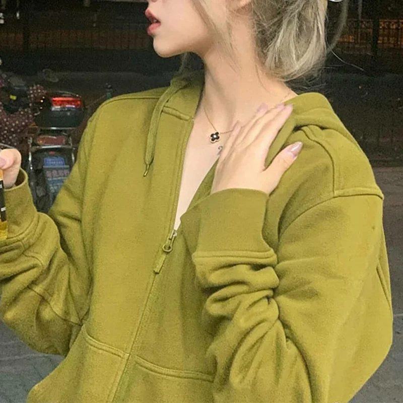 

Women Green Zip Up Sweatshirt Spring Autumn Oversize Girls Hooded Jacket 2021 New Vintage Long Sleeve Female Pullovers Hoodies