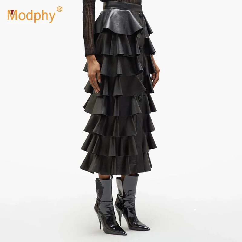 Женская юбка из ПУ кожи с оборками и высокой талией | одежда