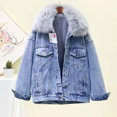 Blue Зимняя джинсовая куртка для женщин, корейский Свободный съемный воротник лисы плюс бархат толстый короткий теплый деним хлопковое пальто Женская Куртка парка - Цвет: Blue