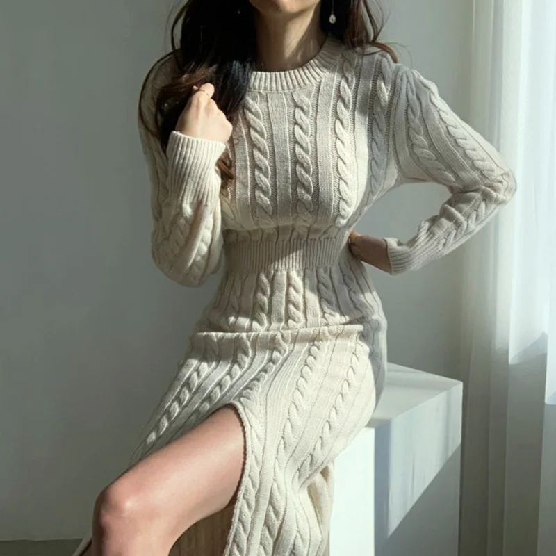 

Korean chic personality versatile round neck twist pattern front and back two wear design careful machine split sweater dress