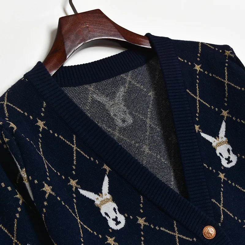 

2021 Spring New Cardigans Women Outwear Cartoon Star Plaid Jacquard Knitted Cardigan Korean Fashion V Neck Sweater Coat Tops