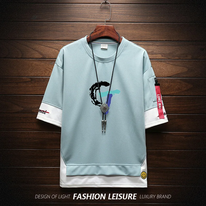 Футболка мужская в стиле хип хоп с круглым вырезом и рукавом до локтя летняя