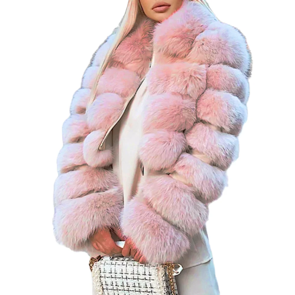 

Faux Fur Overcoat Thick Short Hooded Faux Fur Coat Imitation Fox Hair Long-sleeved Stitching Female Fashion Zipper Women Coats
