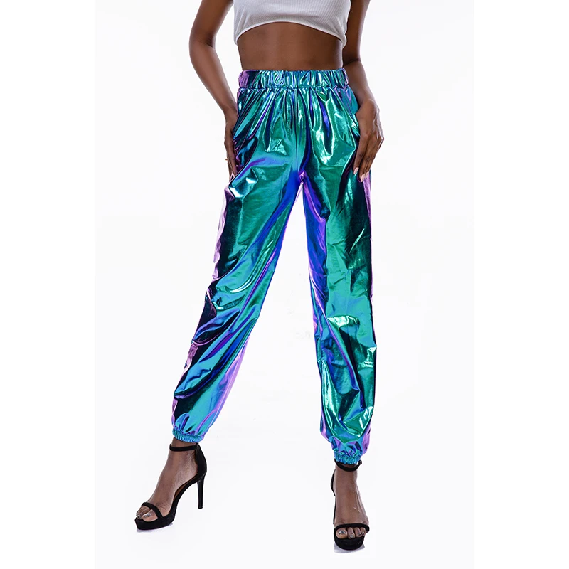 

Laser Holographic Wet Look Long Pants Lady High Waist Pencil Pants Fashion Hip Hop Street Dance Trousers Women Autumn Streetwear