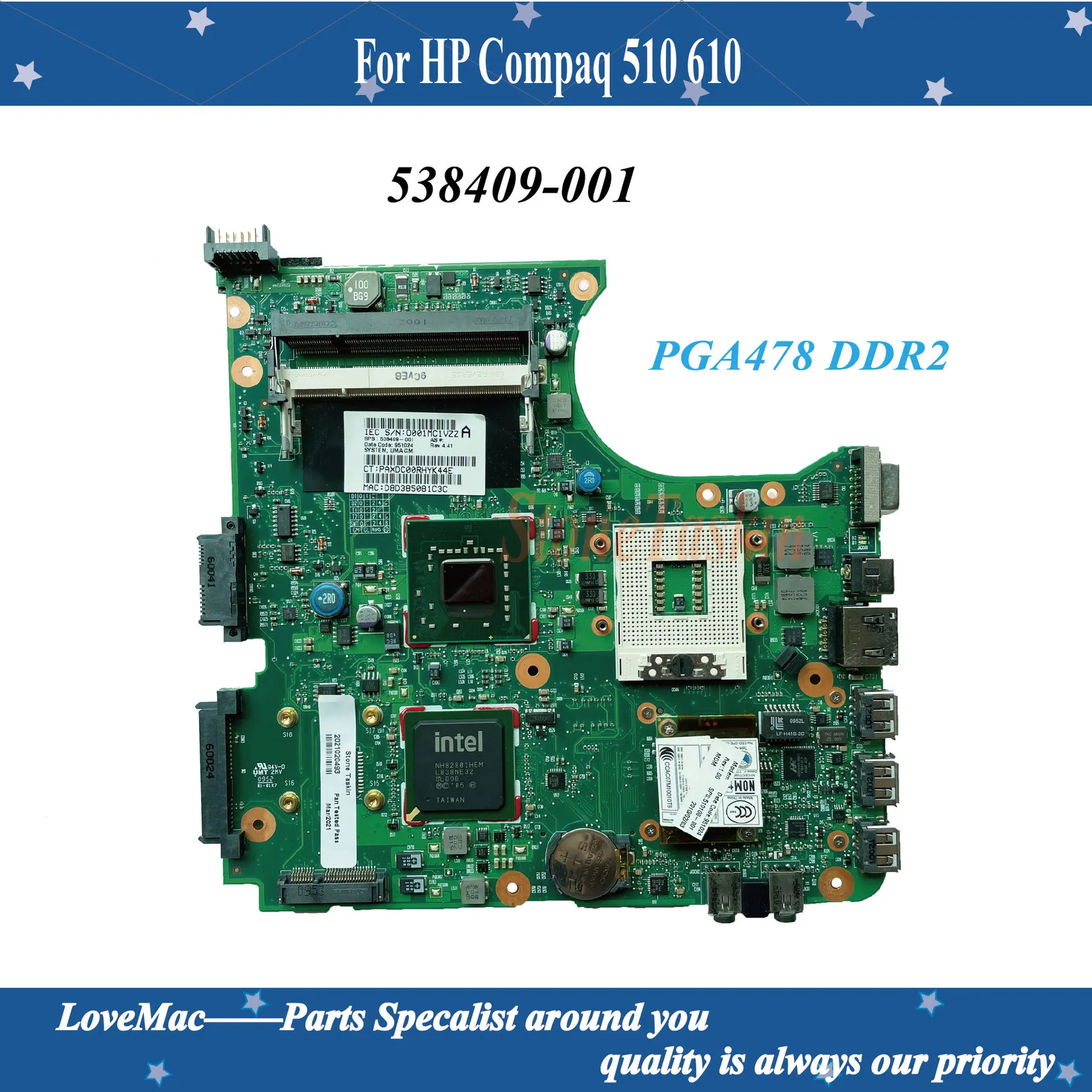 Placa base para ordenador portátil HP Compaq serie 538409, 510, 610, PGA478,...