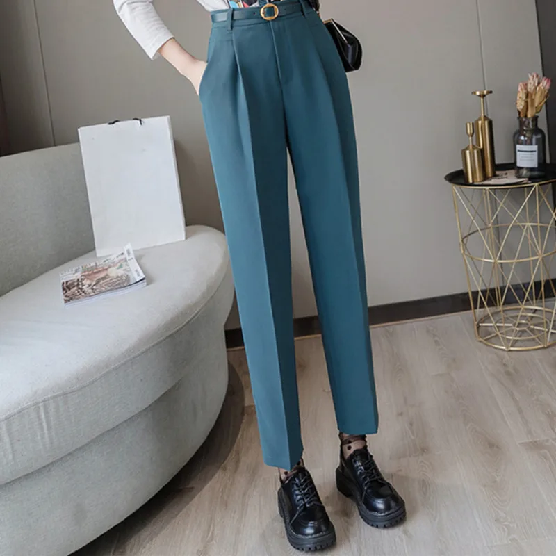 

Women Casual Simple High Waist Pants Female Loose Formal Elegant Office Lady Ankle-Length With Belt Pants New Fashion 2020 S-2XL