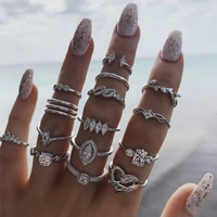 15 pcsset retro knuckle ring set zircon rhinestone alloy love pattern ring for women metal silver color ring party jewelry