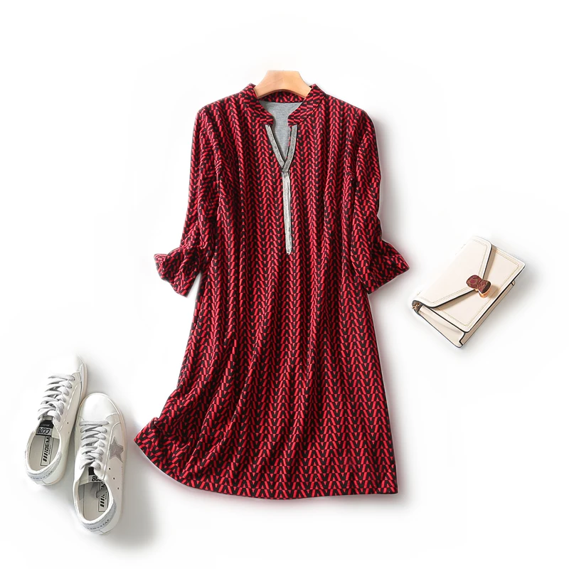 Хорошее качество геометрическое платье стоячий воротник кисточка темперамент