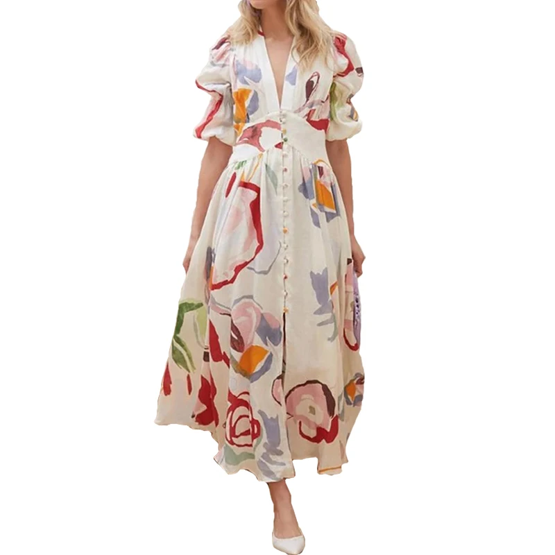 

Vintage Women Floral Chiffon Long Dress Plus Size Puff Sleeve Beach Dress Female High Waist V-neck Dress for Party Vestidos