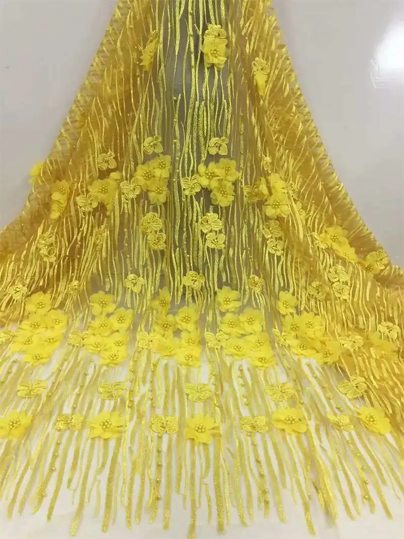 Желтый Африканский бисер 3D тюль кружевная ткань 2019 Африканское французское