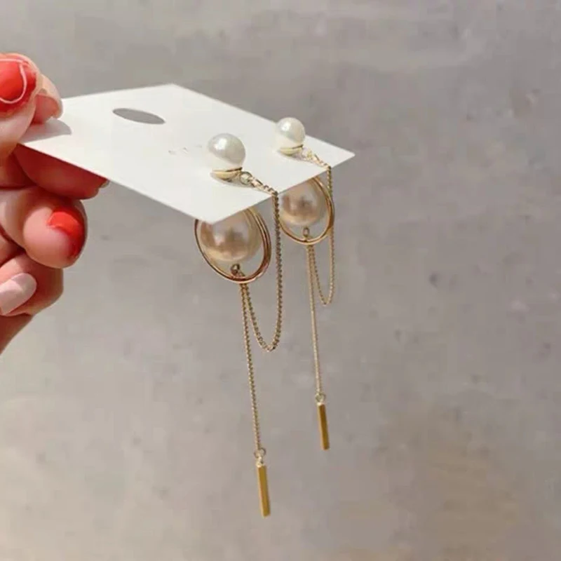 

Fashion Faux Pearls Dangle Earrings For Women Elegant Long Tassel Chain Pearl Drop Earrings Ladies Wild Metal Chain Ear Jewelry