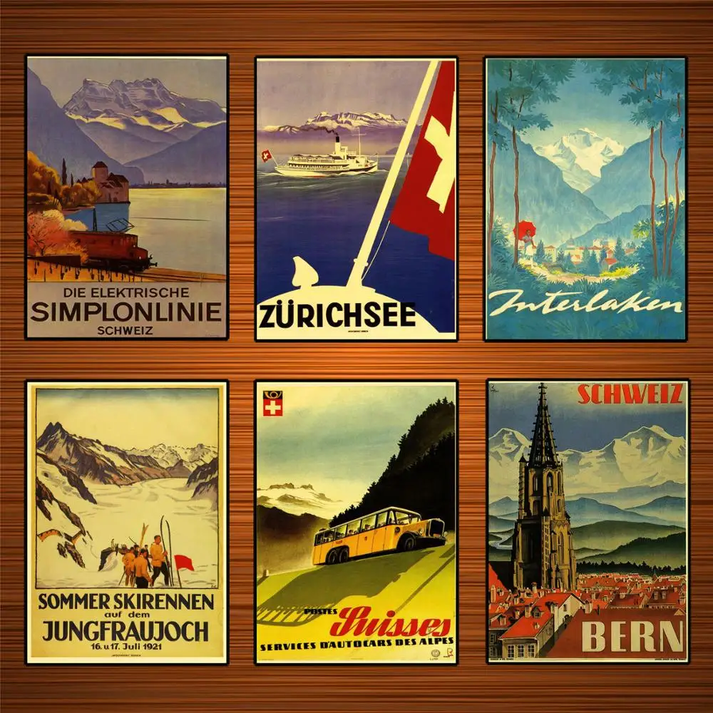 Винтажный рекламный плакат Швейцария Интерлакен классические холщовые картины