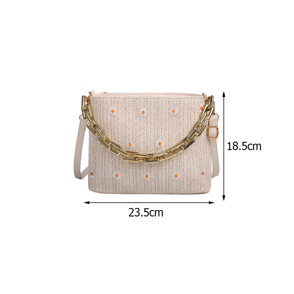 

Daisy Flowers Embroidery Shoulder Crossbody Bags Lace Straw Woven Patchwork Messenger Bag Casual Ladies Thick Chain Handbags
