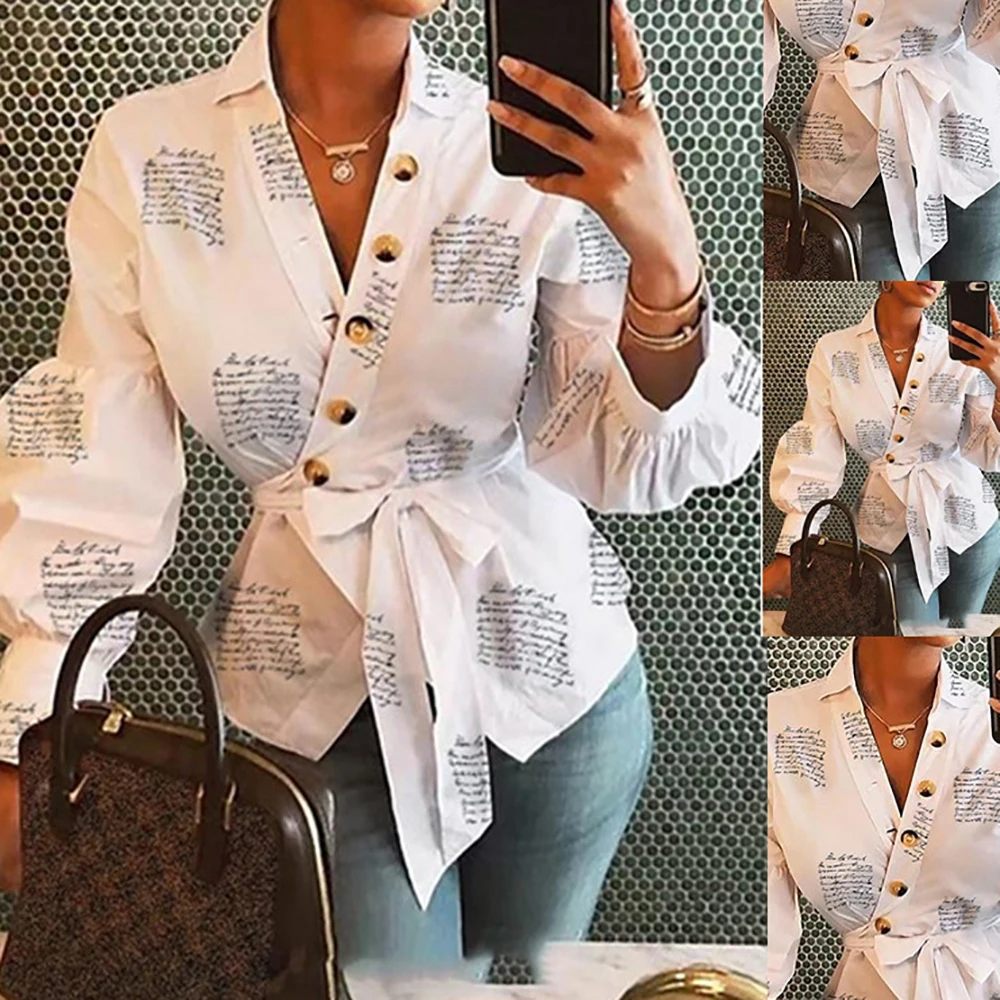 

Women V-Neck Lantern Long-Sleeved Button-Down Shirt Irregular Bandage Printed Long Shirts Slim Vintage Temperament Tops