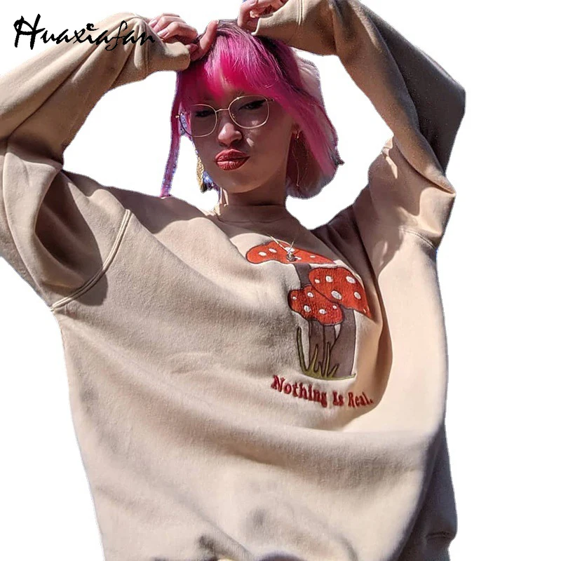 

Huaxiafan Cute Mushroom Embroidery Hoodies No Hat Women Long Sleeve Casual T-shirts Streetwear Pullovers Tops Female 2021 Autumn